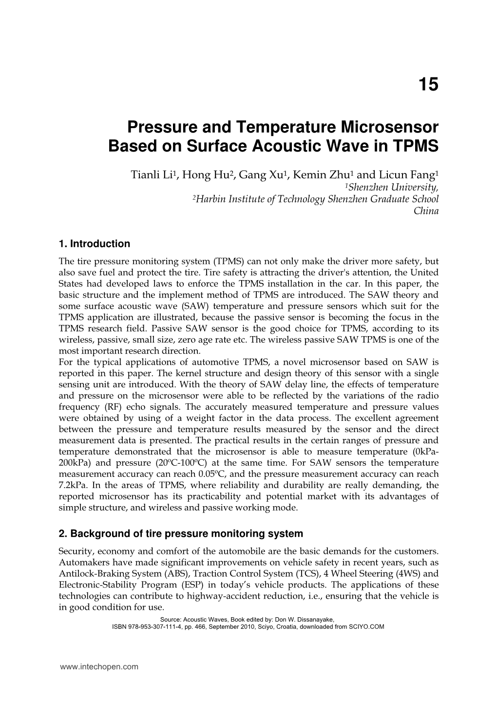 Pressure and Temperature Microsensor Based on Surface Acoustic Wave in TPMS