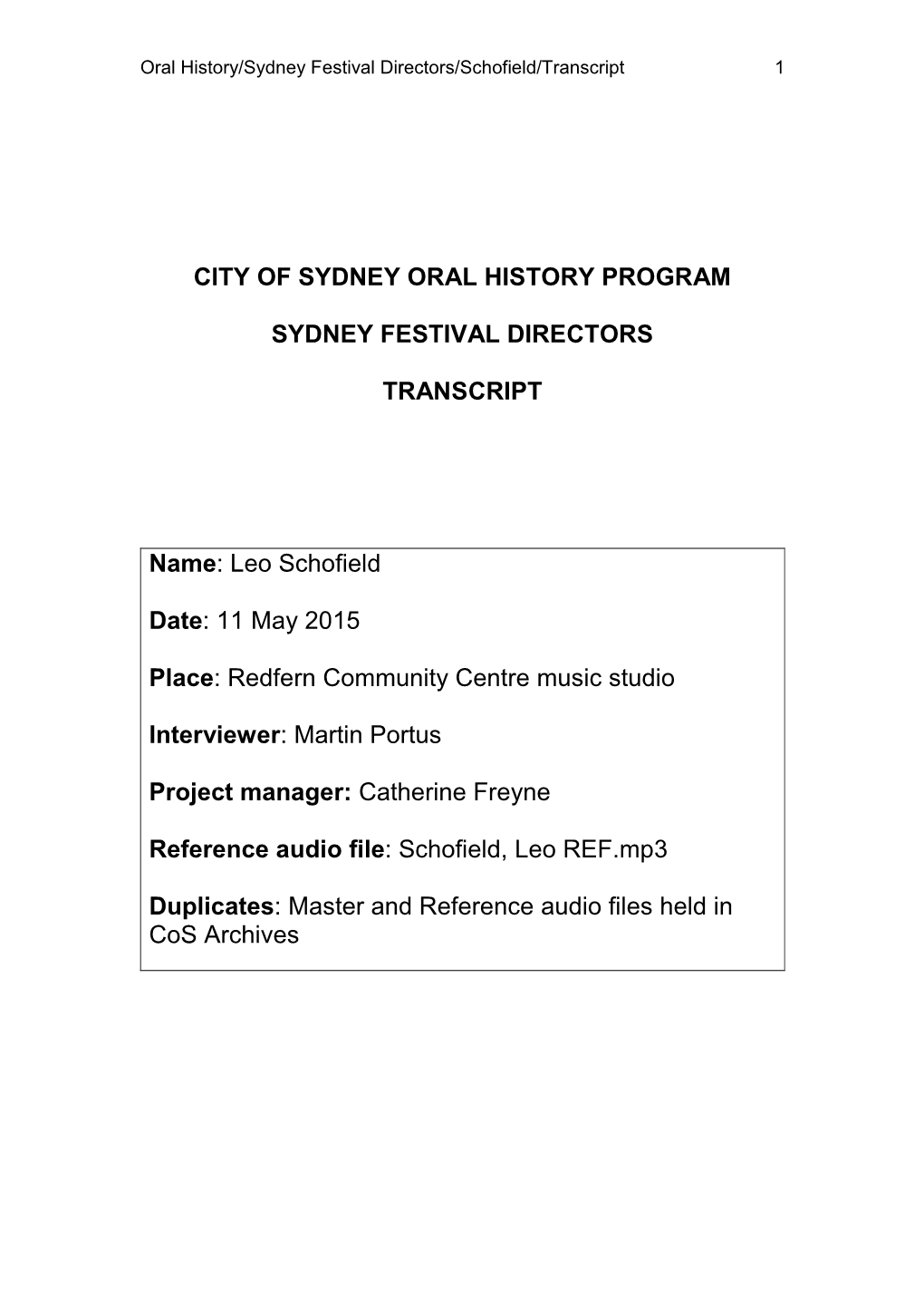 City of Sydney Oral History Program Sydney Festival