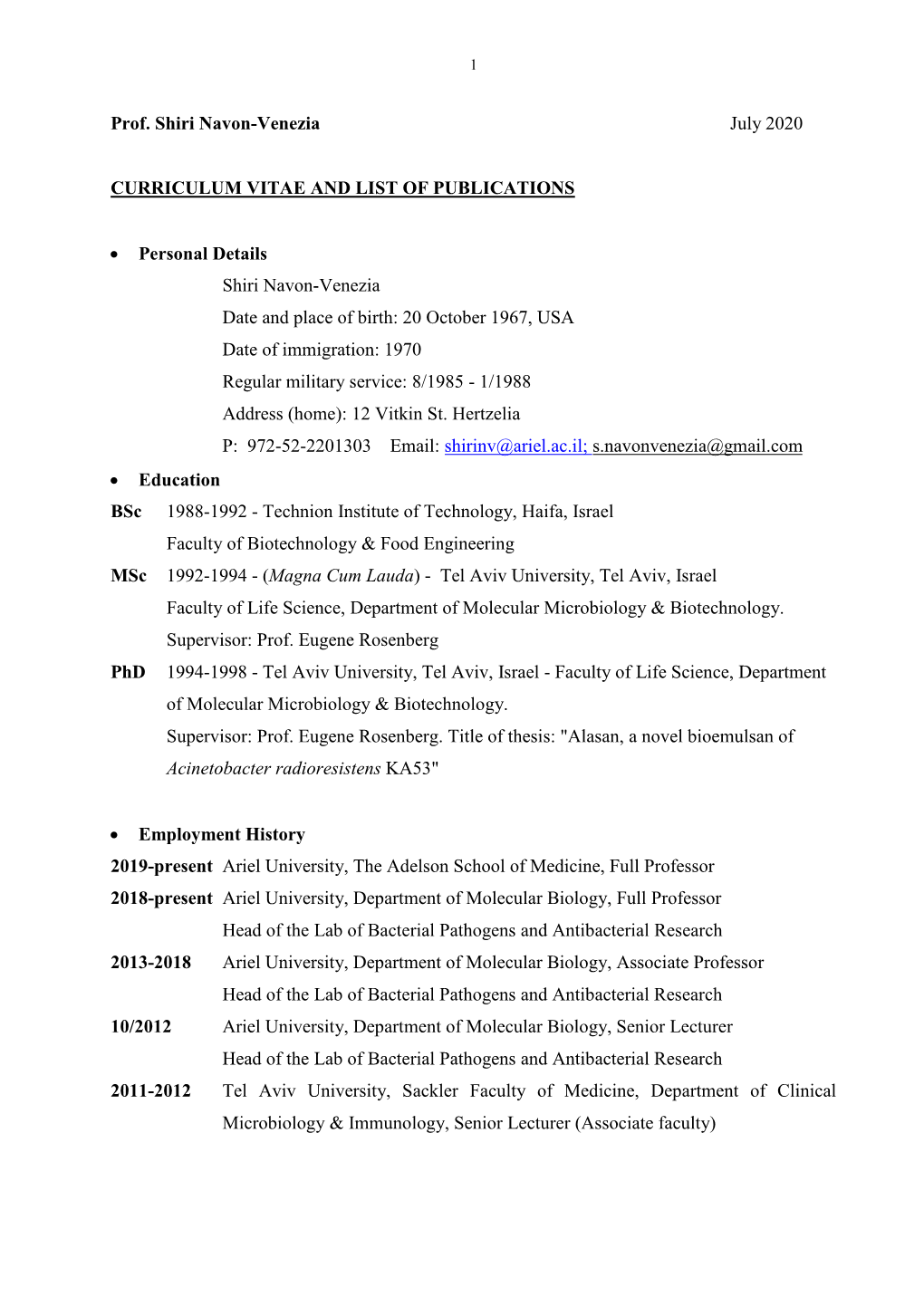 Prof. Shiri Navon-Venezia July 2020 CURRICULUM VITAE and LIST