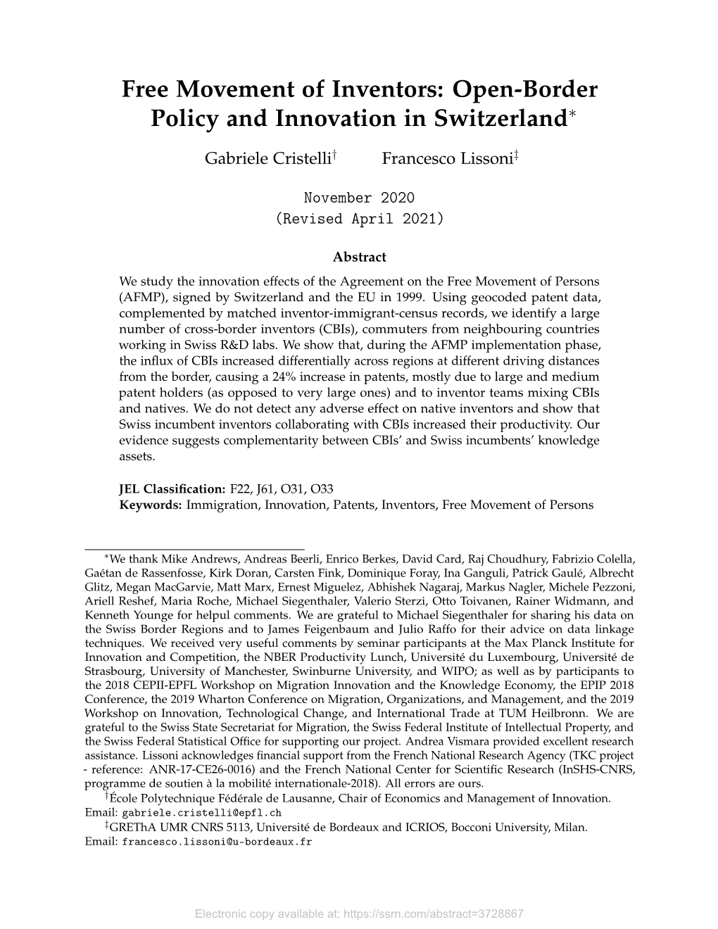 Free Movement of Inventors: Open-Border Policy and Innovation in Switzerland∗