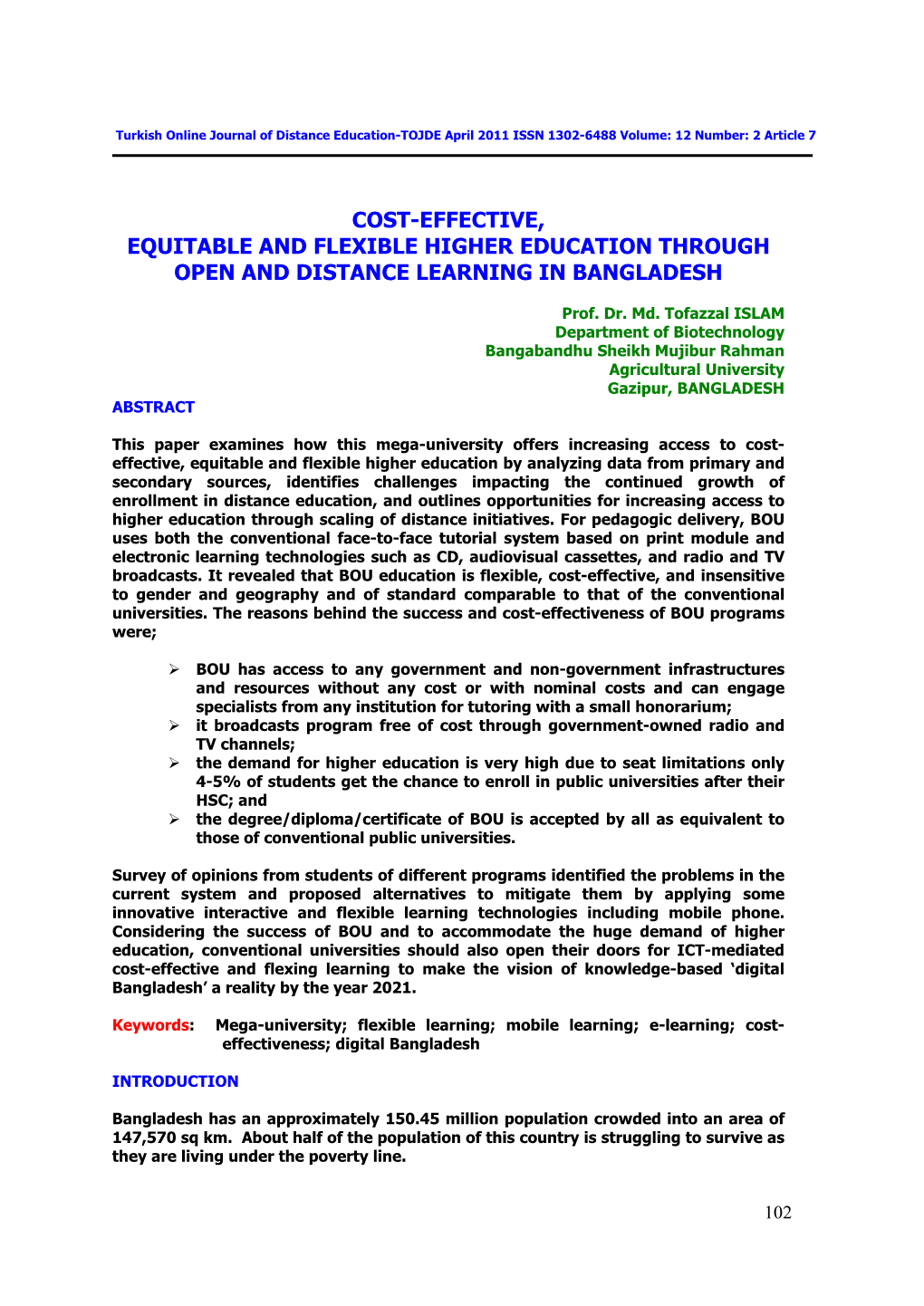 Cost-Effective, Equitable and Flexible Higher Education Through Open and Distance Learning in Bangladesh