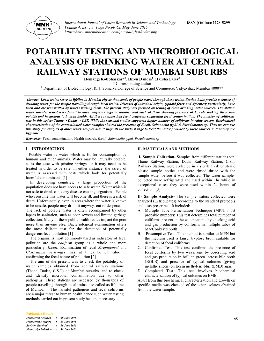 Potability Testing and Microbiological Analysis of Drinking Water at Central Railway Stations of Mumbai Suburbs