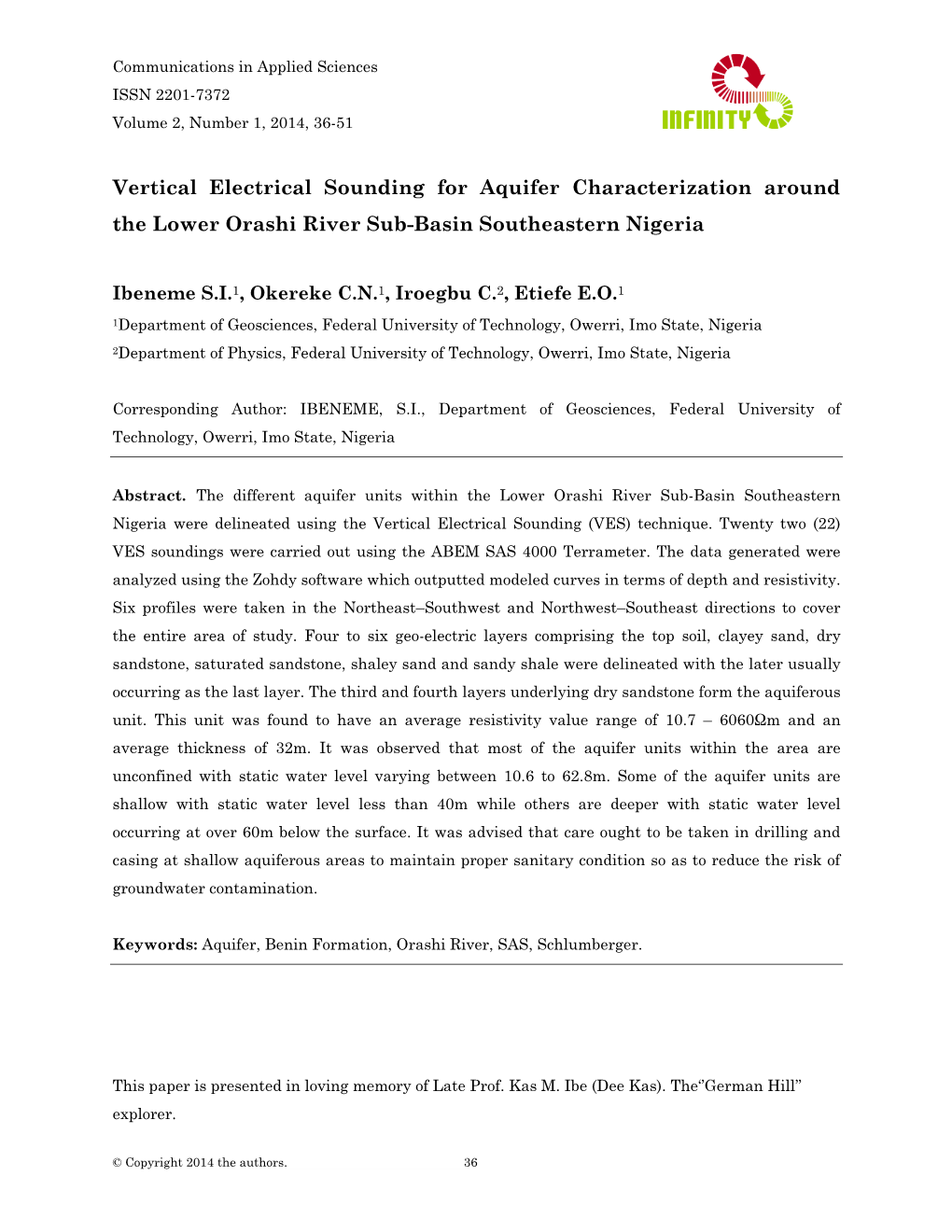 Vertical Electrical Sounding for Aquifer Characterization Around the Lower Orashi River Sub-Basin Southeastern Nigeria