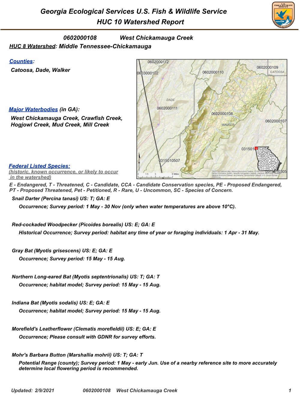 Georgia Ecological Services U.S. Fish & Wildlife Service HUC 10