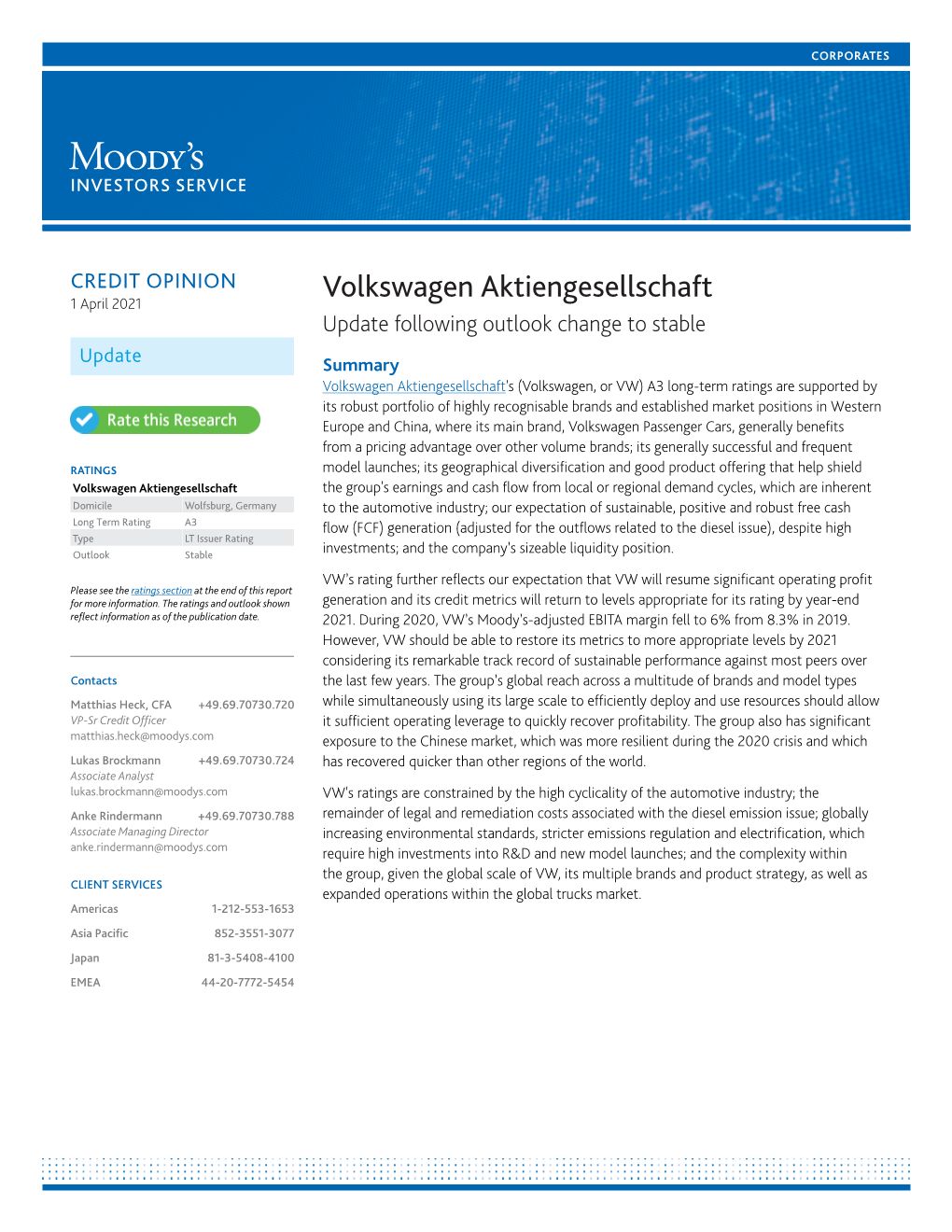 Volkswagen Aktiengesellschaft 1 April 2021 Update Following Outlook Change to Stable
