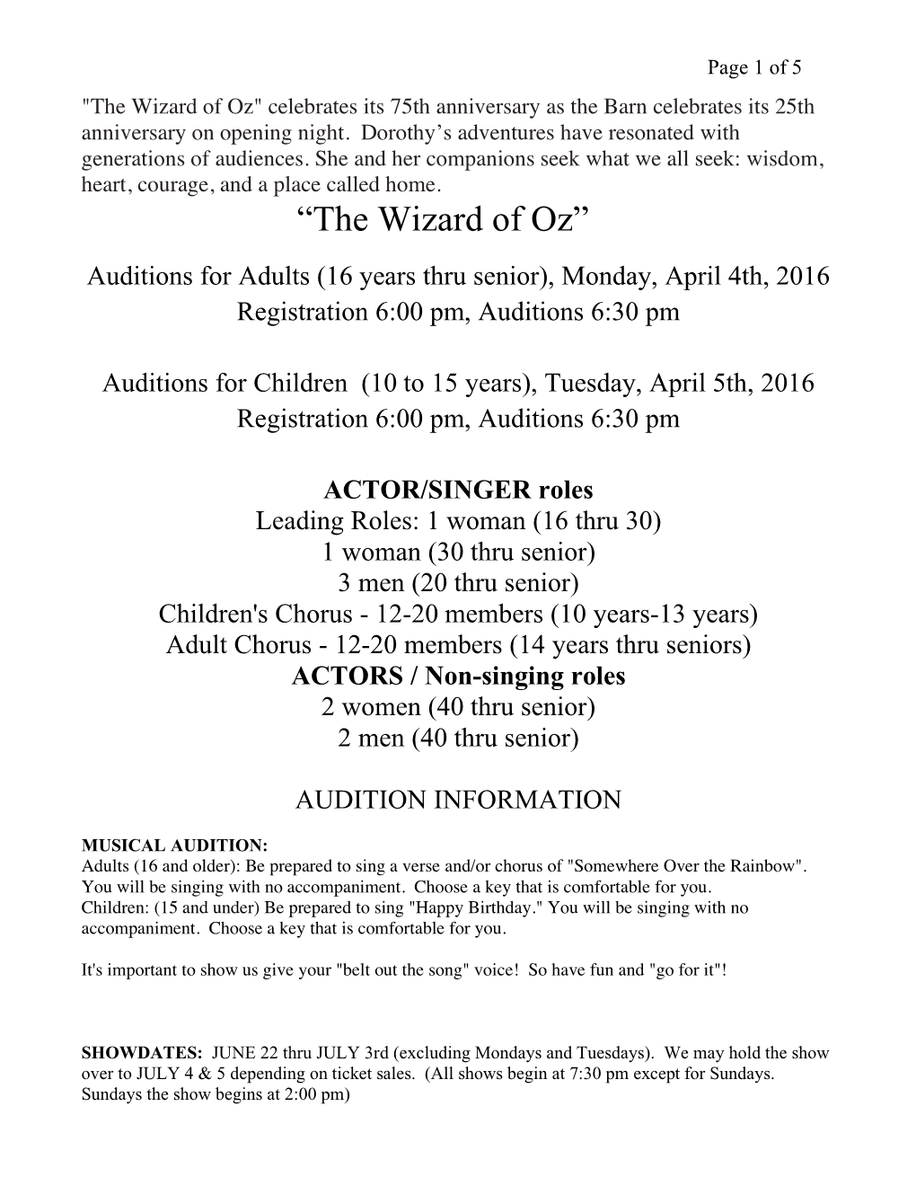 “The Wizard of Oz” Auditions for Adults (16 Years Thru Senior), Monday, April 4Th, 2016 Registration 6:00 Pm, Auditions 6:30 Pm