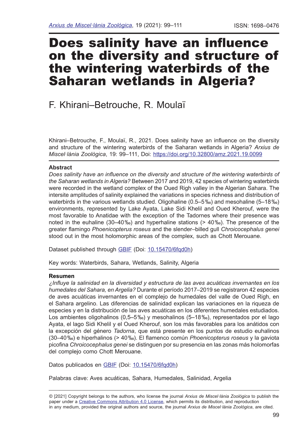 Does Salinity Have an Influence on the Diversity and Structure of the Wintering Waterbirds of the Saharan Wetlands in Algeria?