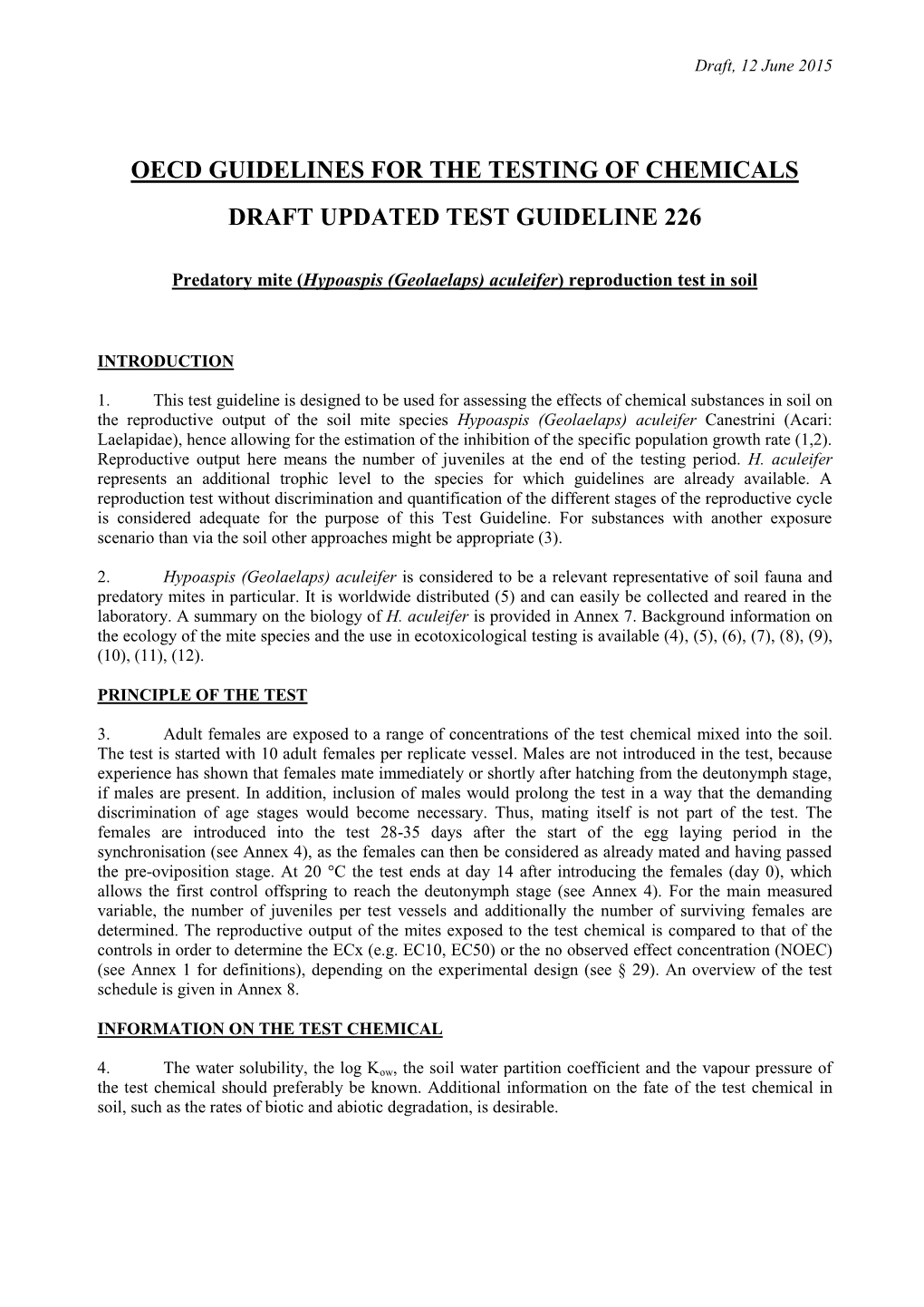 Oecd Guidelines for the Testing of Chemicals Draft Updated Test Guideline 226