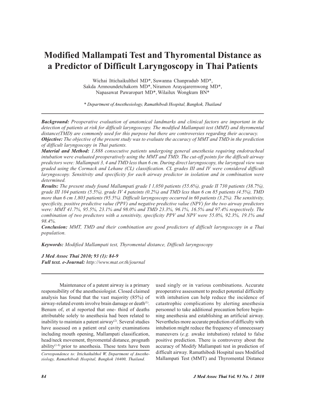 Modified Mallampati Test and Thyromental Distance As a Predictor of Difficult Laryngoscopy in Thai Patients
