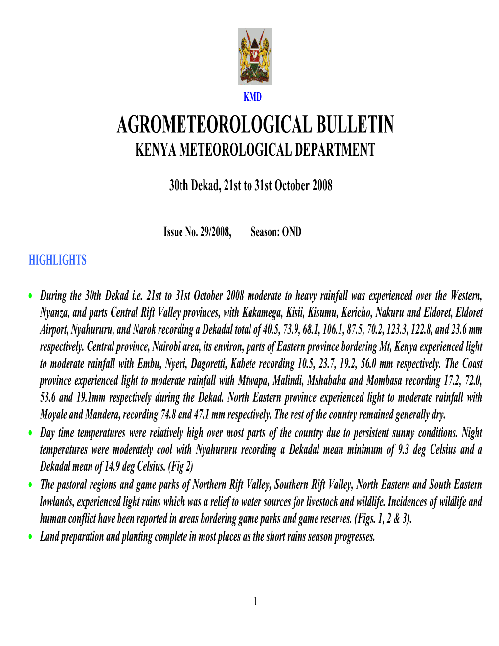 Agrometeorological Bulletin Kenya Meteorological Department