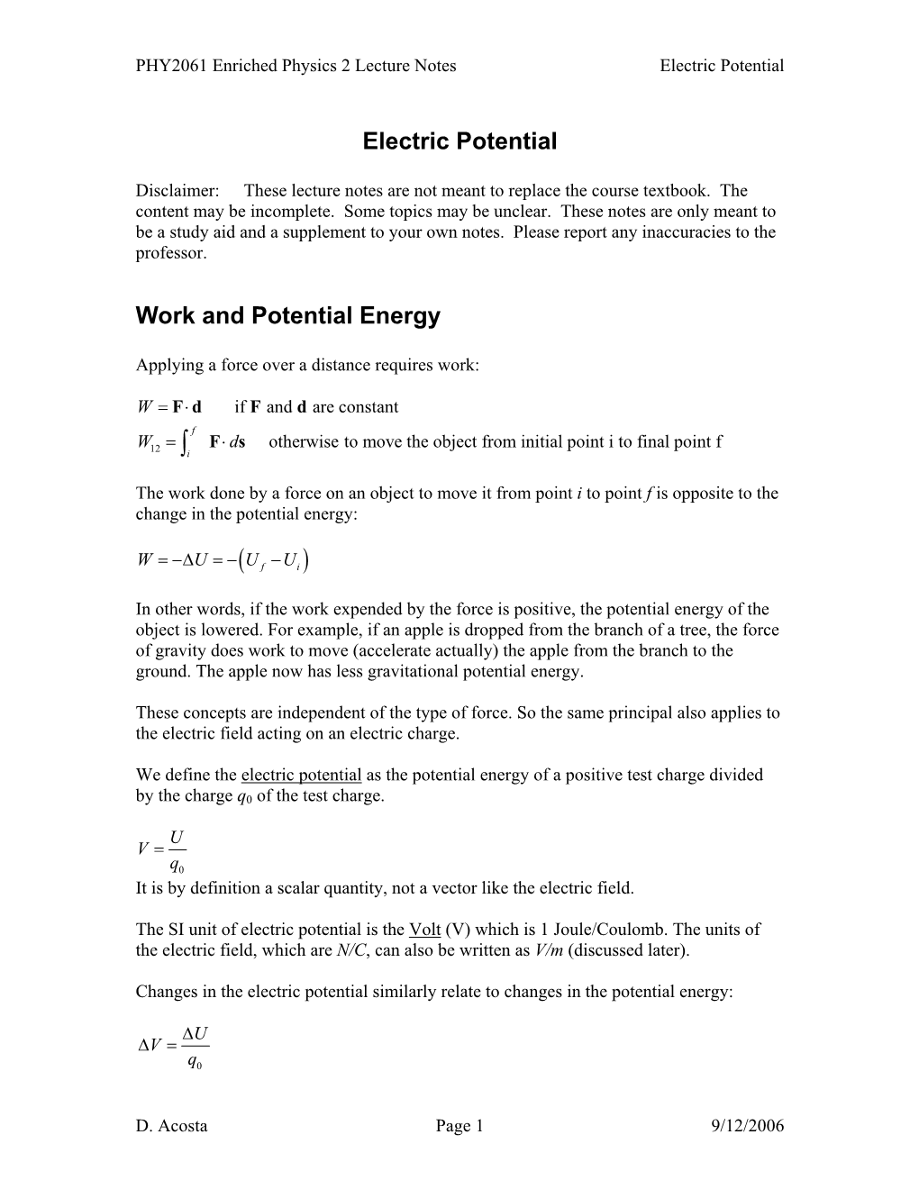 Electric Potential Work and Potential Energy