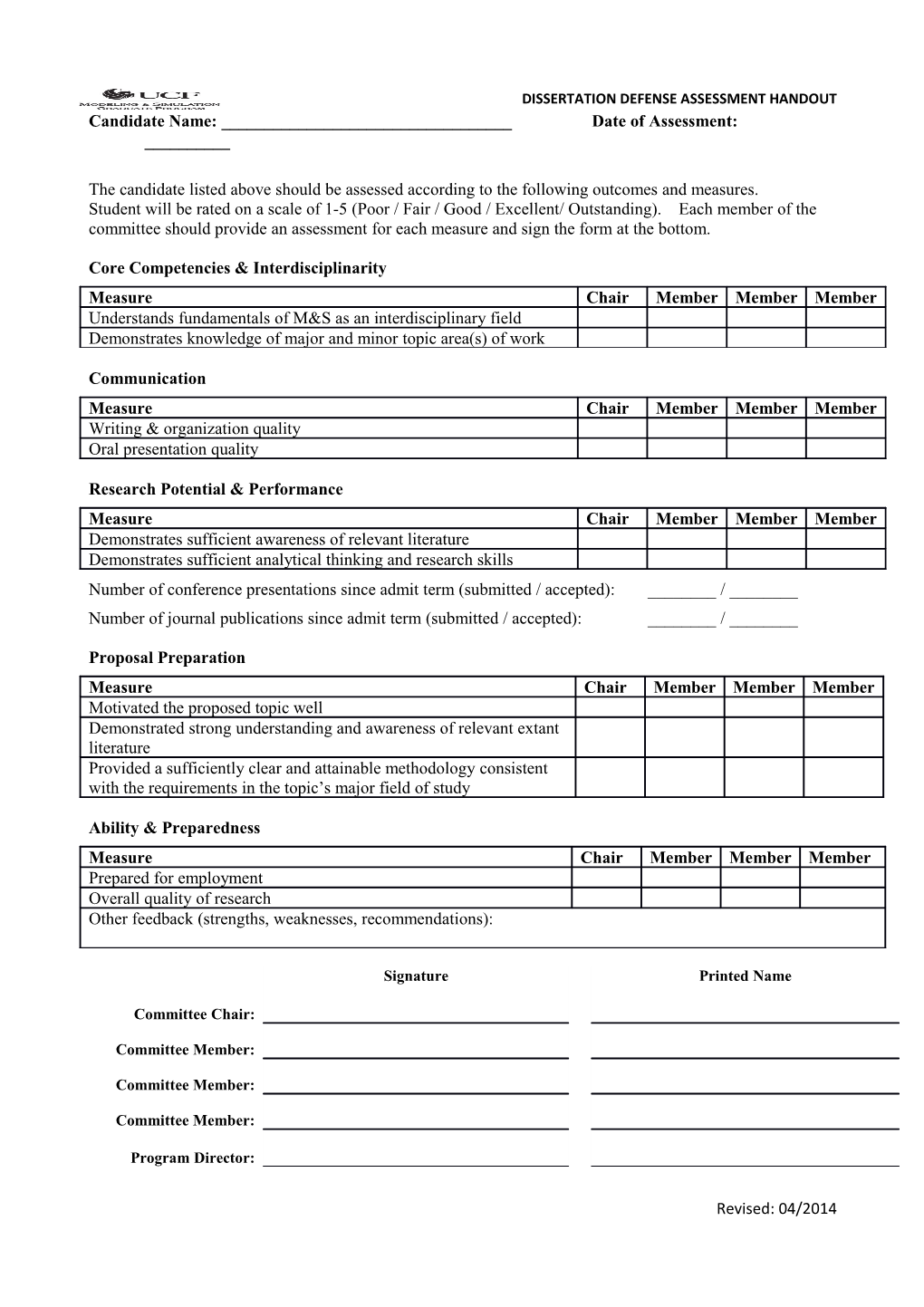 Master of Science Capstone Project Final Examination Assessment Form