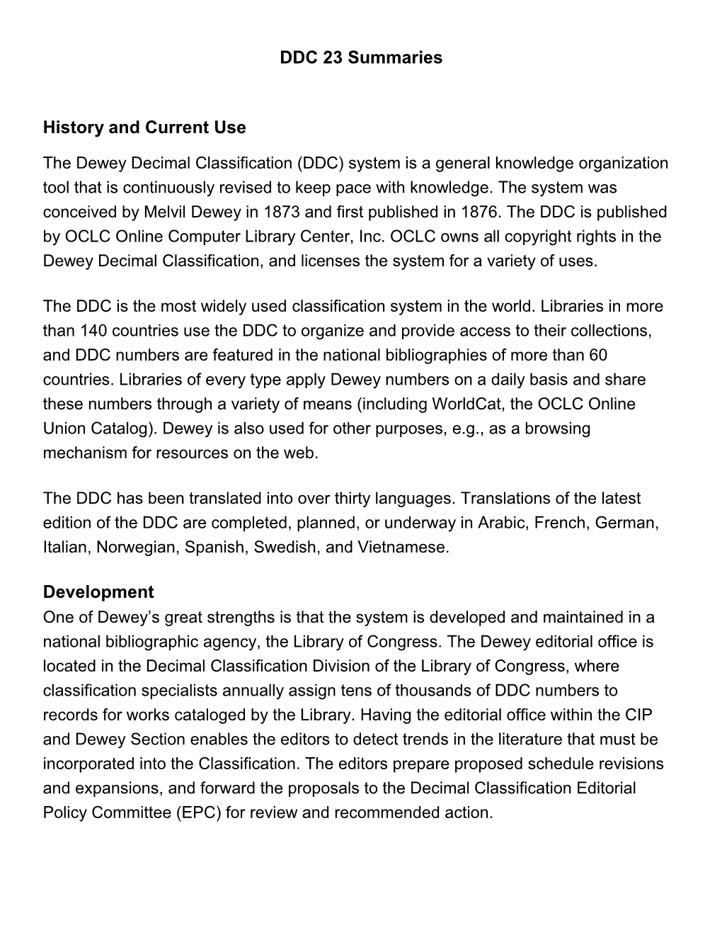 DDC 23 Summaries History and Current Use Development