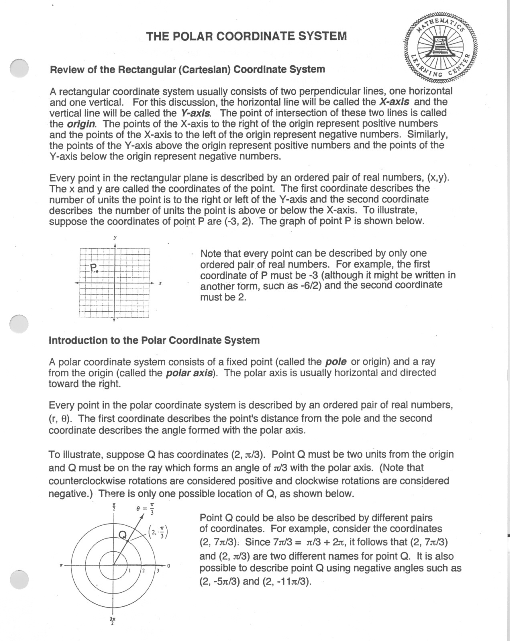 0 Reviewof the Rectangular (Cartesian) Coordinate System