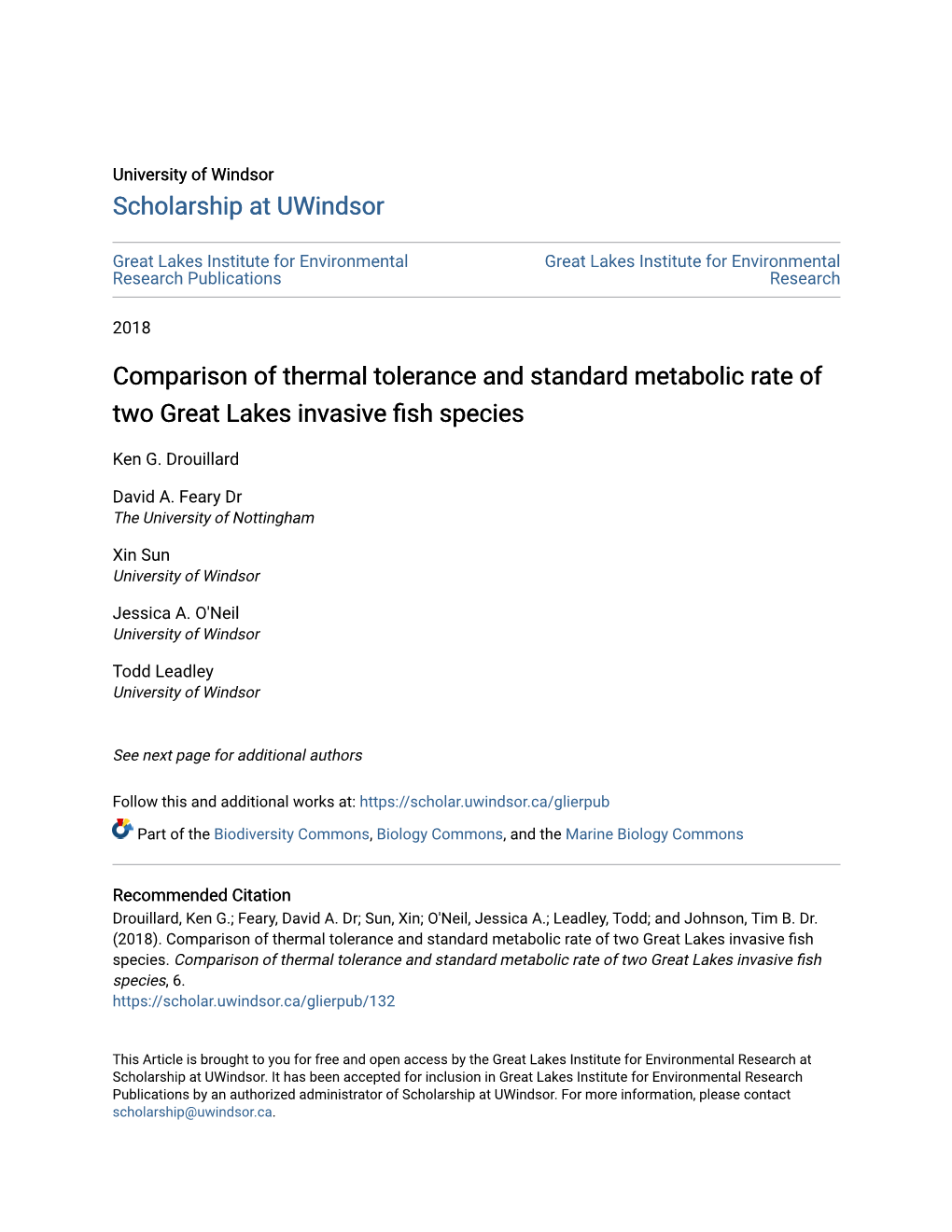 Comparison of Thermal Tolerance and Standard Metabolic Rate of Two Great Lakes Invasive Fish Species