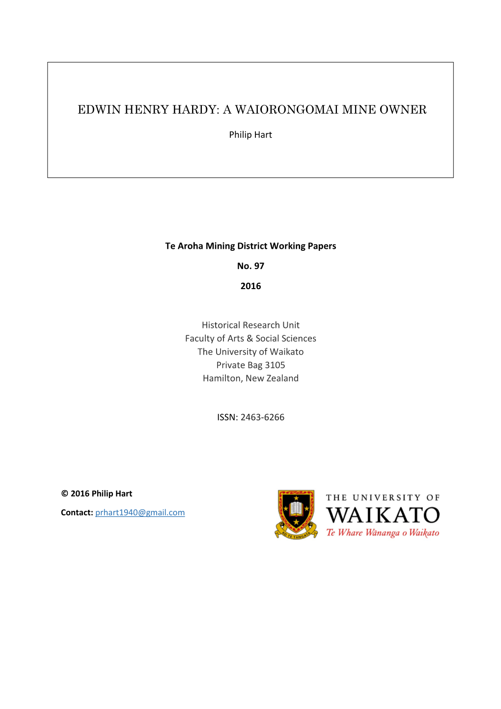 Edwin Henry Hardy: a Waiorongomai Mine Owner