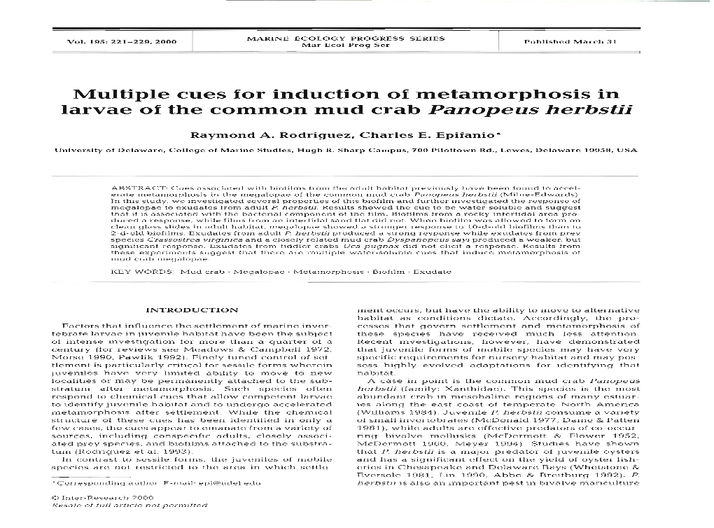 Multiple Cues for Induction of Metamorphosis in Larvae of the Common Mud Crab Panopeus Herbstii