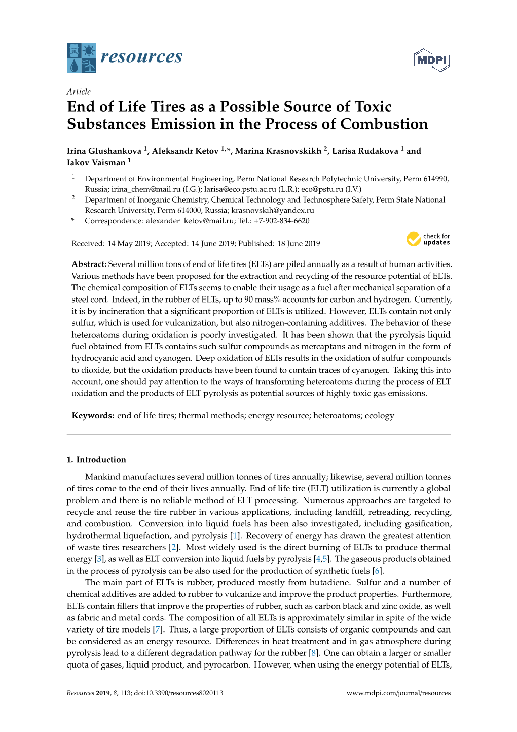 End of Life Tires As a Possible Source of Toxic Substances Emission in the Process of Combustion