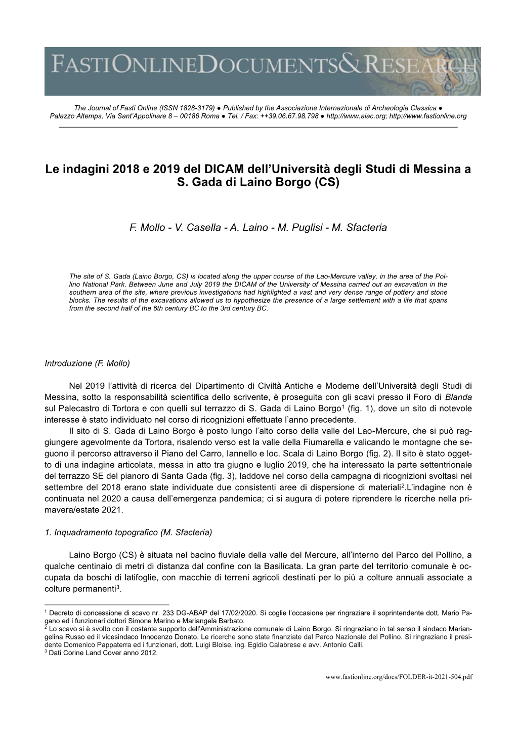 Le Indagini 2018 E 2019 Del DICAM Dell'università Degli Studi Di Messina a S. Gada Di Laino Borgo (CS)