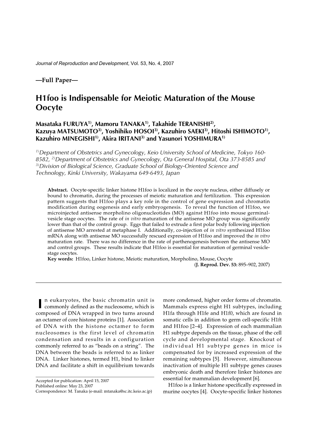 H1foo Is Indispensable for Meiotic Maturation of the Mouse Oocyte