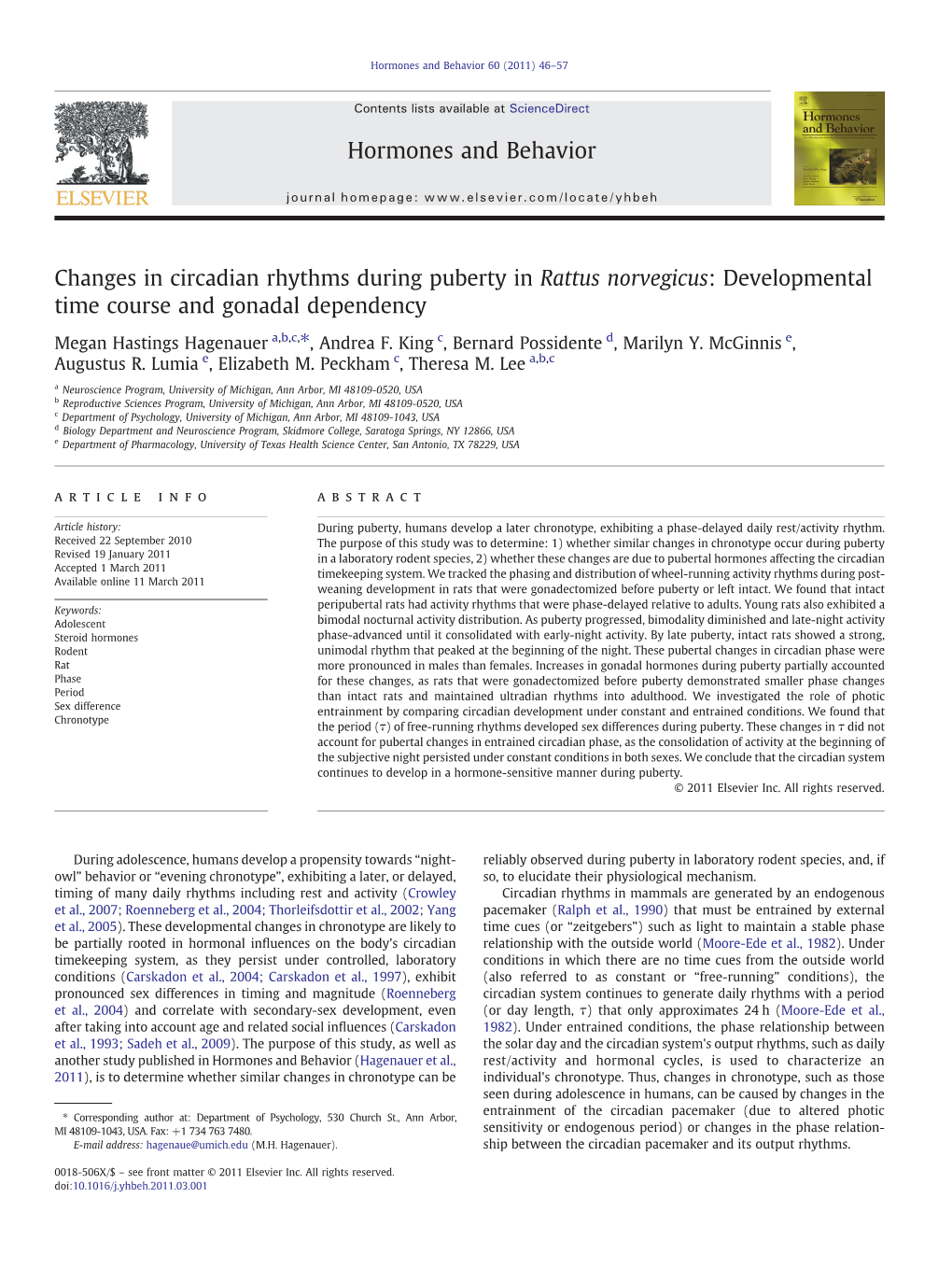 Changes in Circadian Rhythms During Puberty in Rattus Norvegicus: Developmental Time Course and Gonadal Dependency