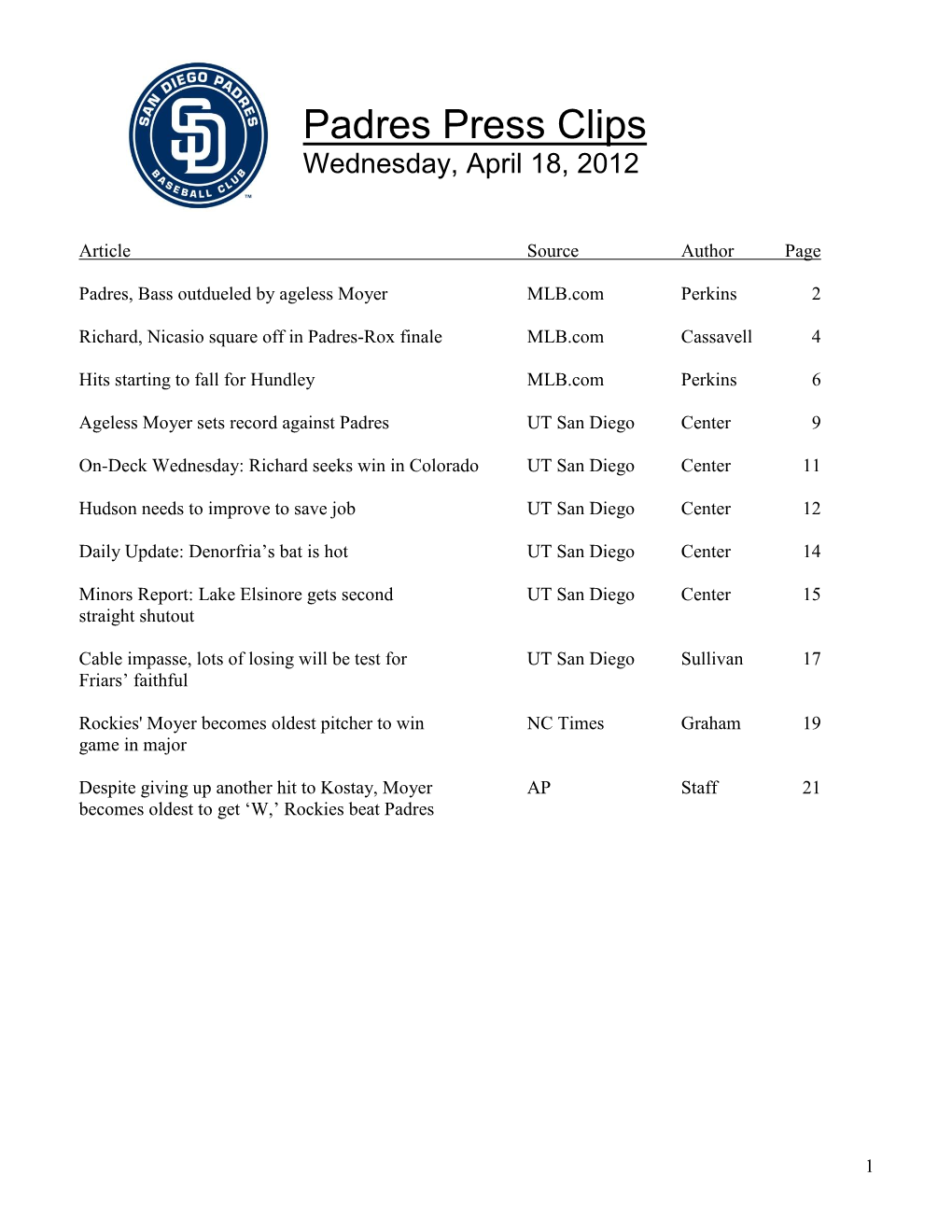 Padres Press Clips Wednesday, April 18, 2012