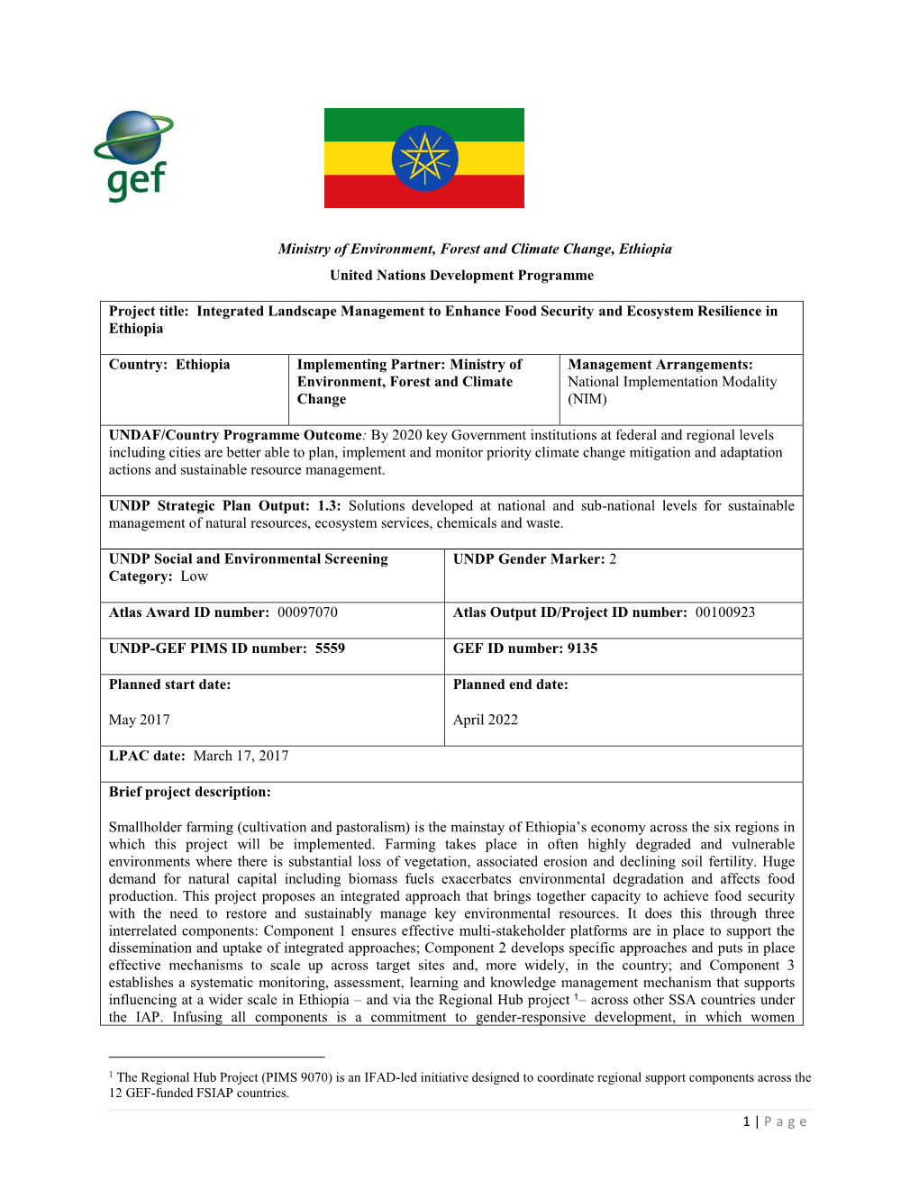 Ministry of Environment, Forest and Climate Change, Ethiopia United Nations Development Programme