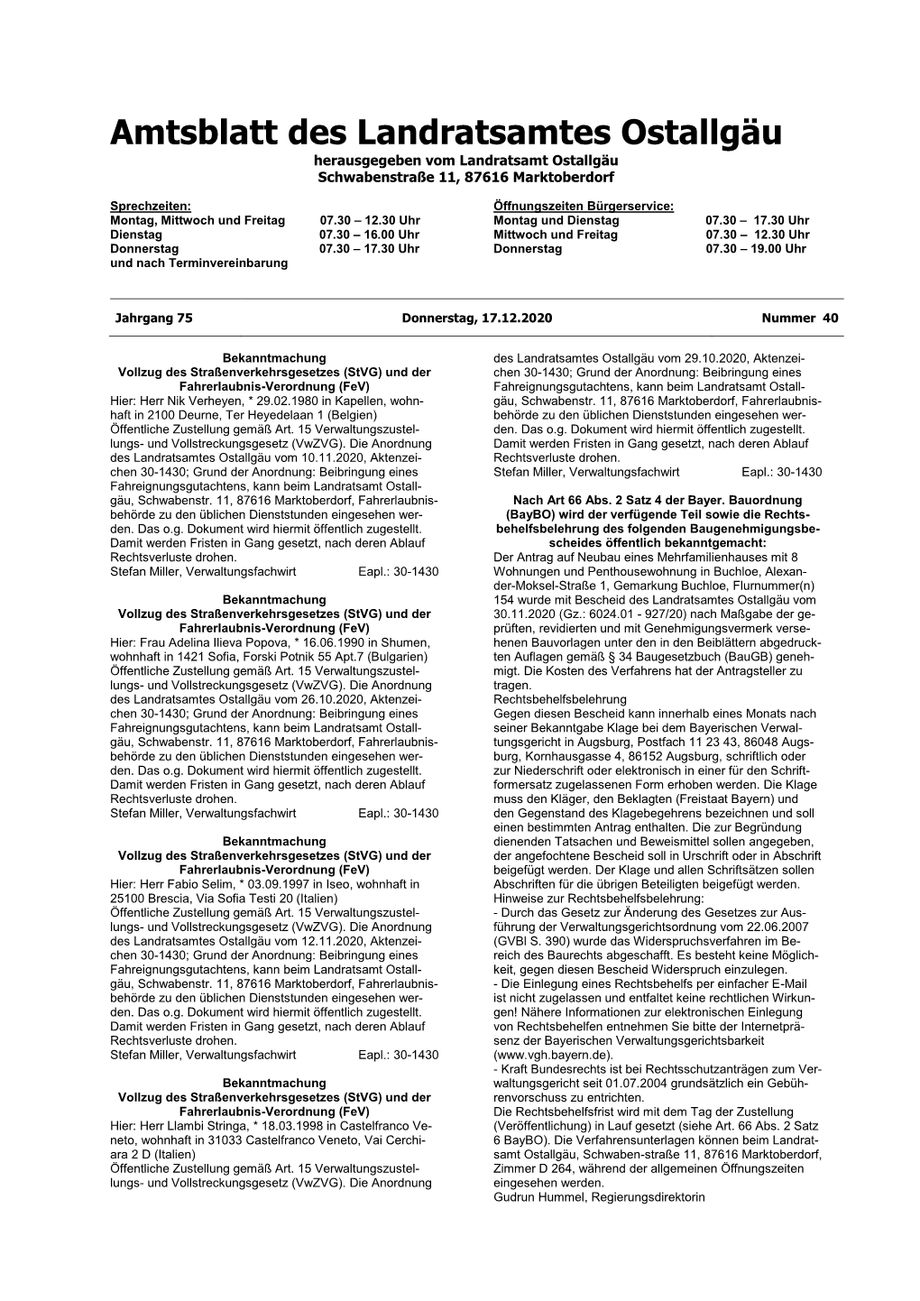 Amtsblatt Des Landratsamtes Ostallgäu Herausgegeben Vom Landratsamt Ostallgäu Schwabenstraße 11, 87616 Marktoberdorf