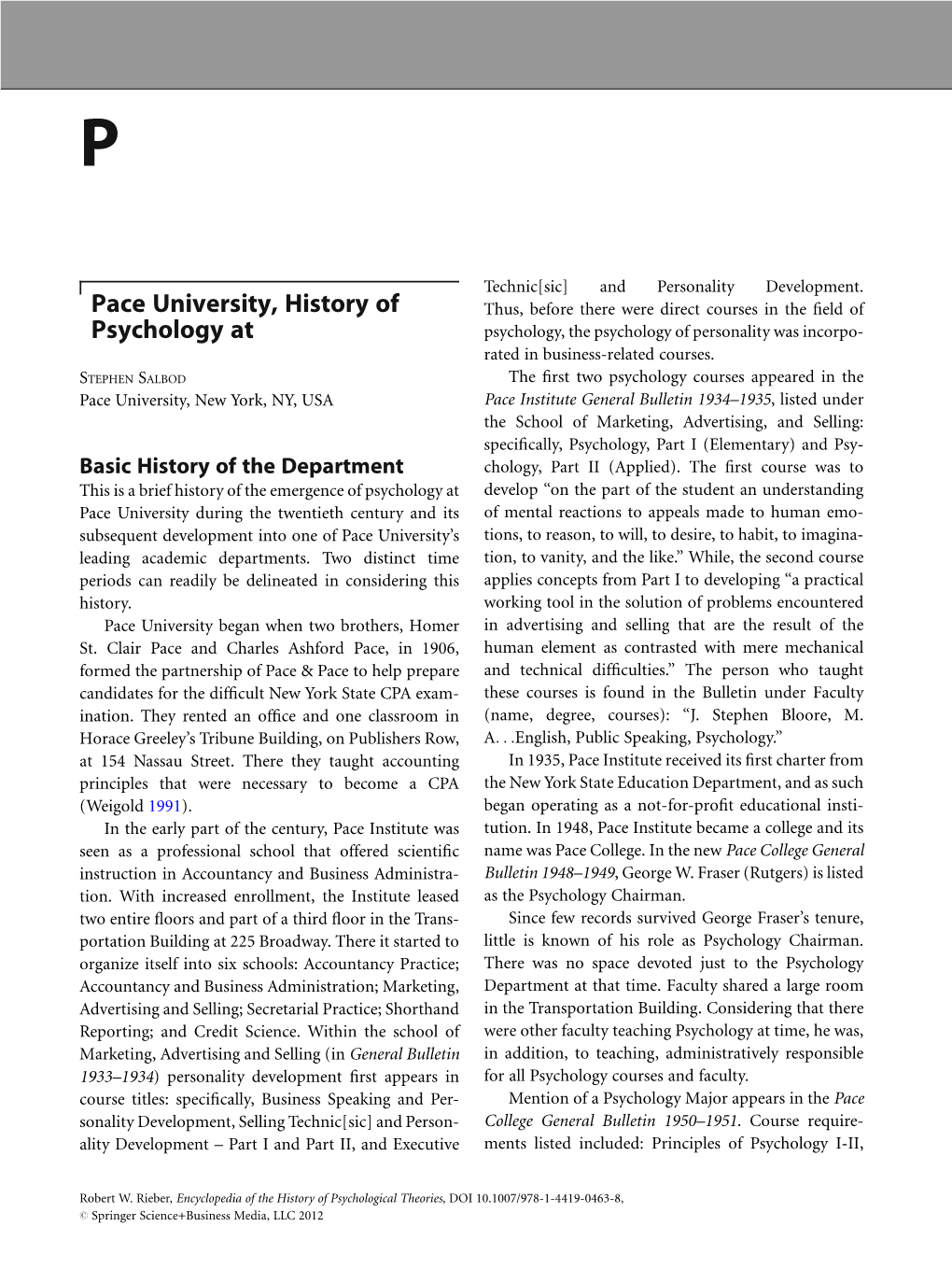 Pace University, History of Psychology At