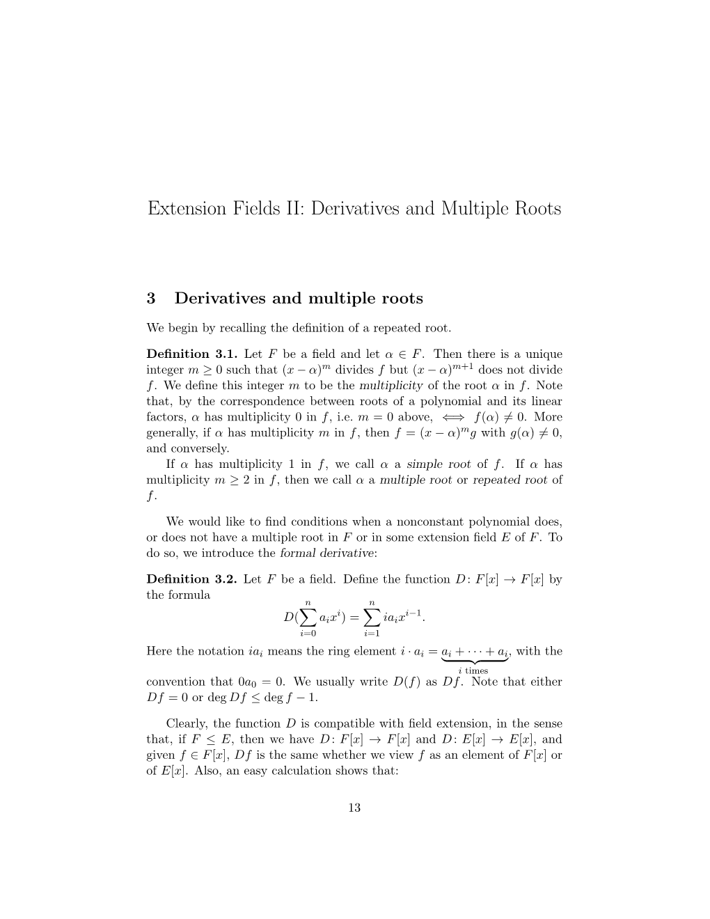 Extension Fields II: Derivatives and Multiple Roots