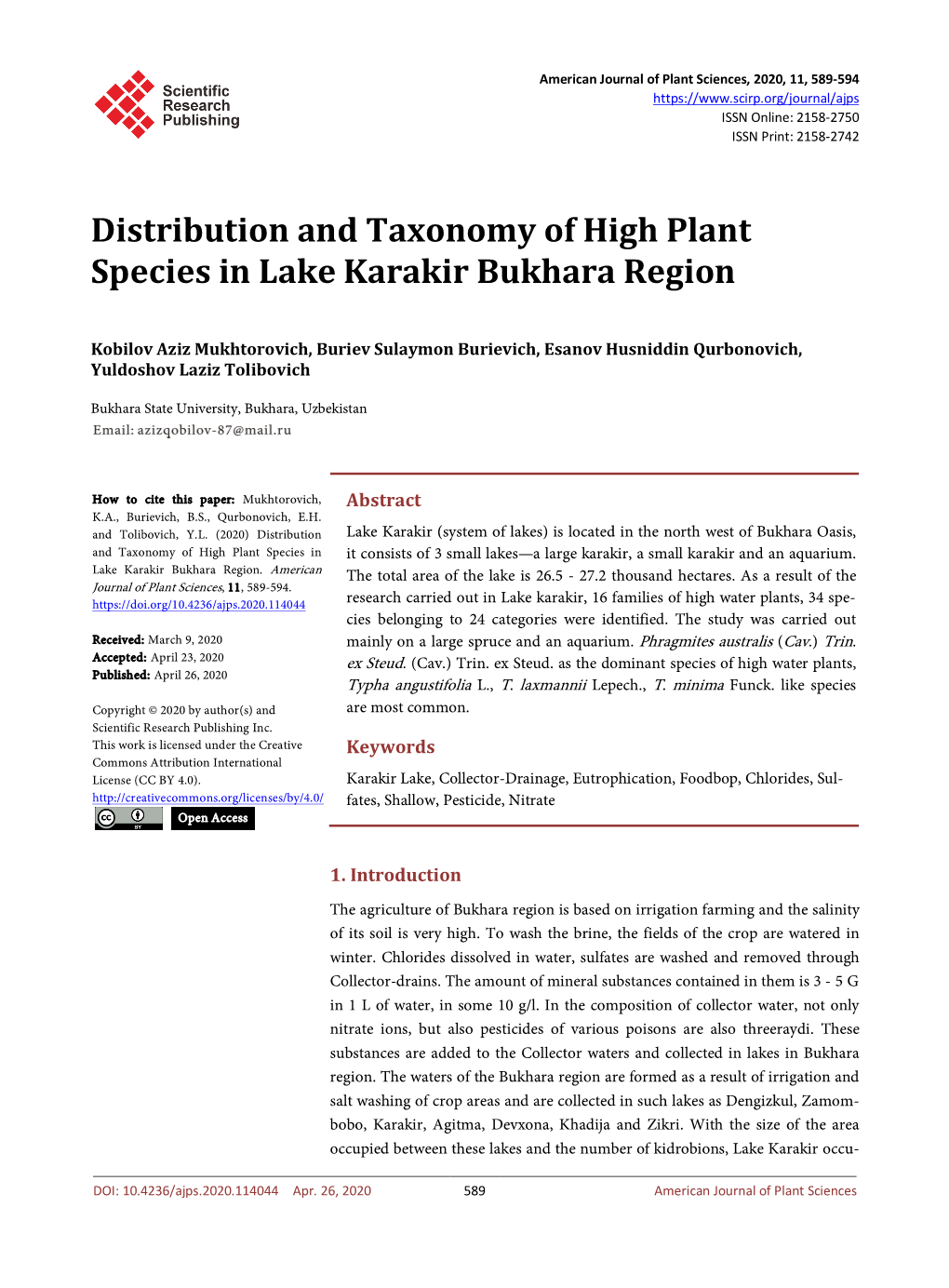 Distribution and Taxonomy of High Plant Species in Lake Karakir Bukhara Region