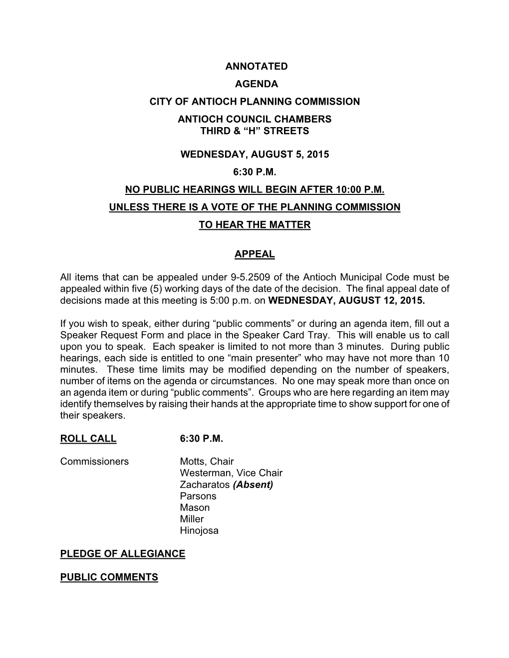 Annotated Agenda City of Antioch Planning Commission Antioch Council Chambers Third & “H” Streets