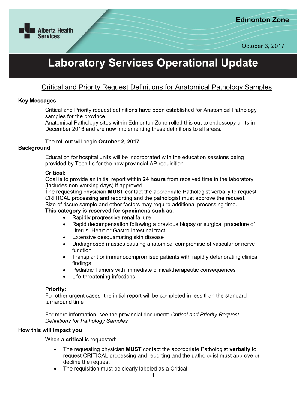 Critical and Priority Request Definitions for Anatomical Pathology Samples