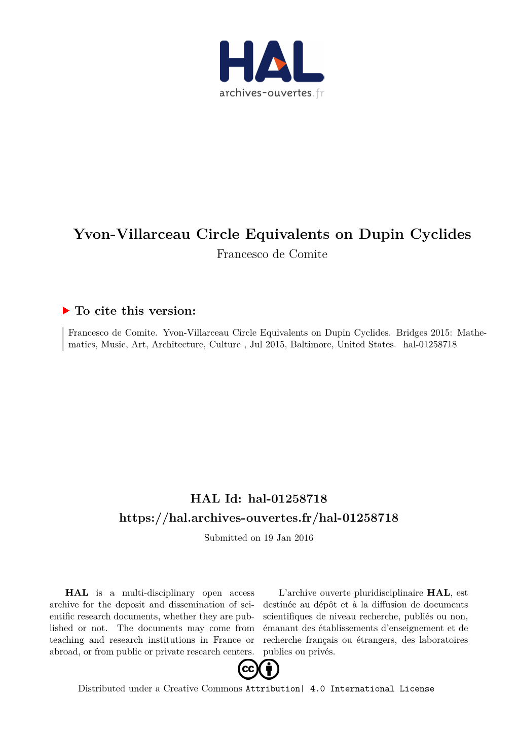 Yvon-Villarceau Circle Equivalents on Dupin Cyclides Francesco De Comite