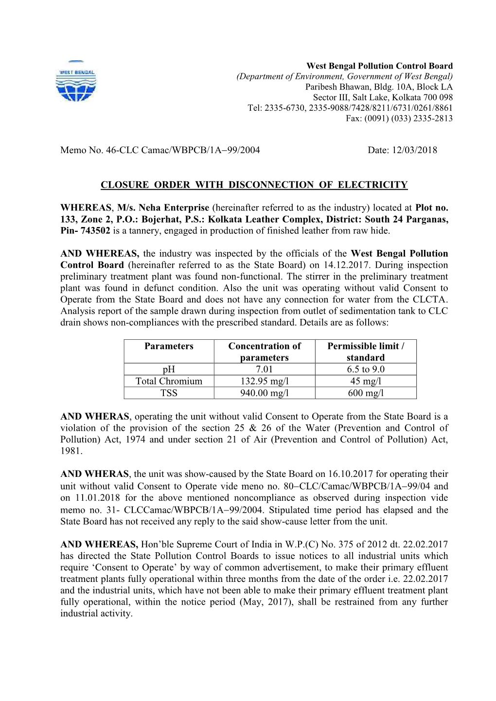 Memo No. 46-CLC Camac/WBPCB/1A-99/2004 Date