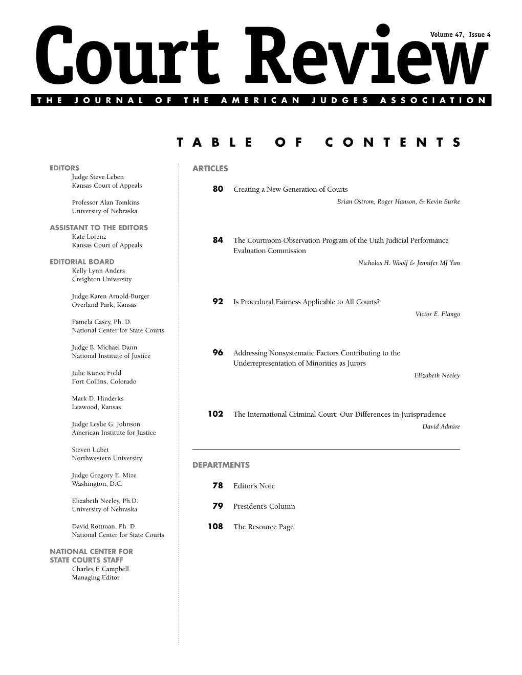 Court Reviewvolume 47, Issue 4 the JOURNAL of the AMERICAN JUDGES ASSOCIATION