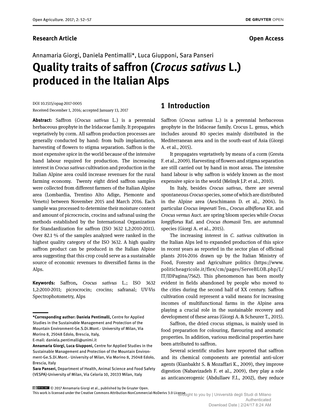 Quality Traits of Saffron (Crocus Sativus L.) Produced in the Italian Alps