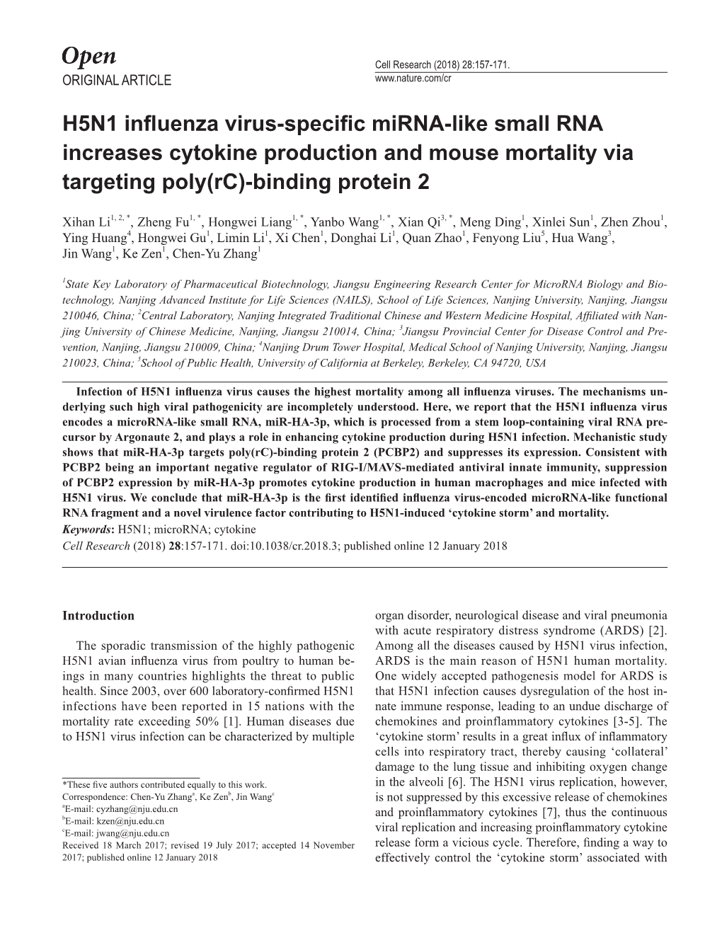 H5N1 Influenza Virus-Specific Mirna-Like Small RNA Increases Cytokine Production and Mouse Mortality Via Targeting Poly(Rc)-Binding Protein 2