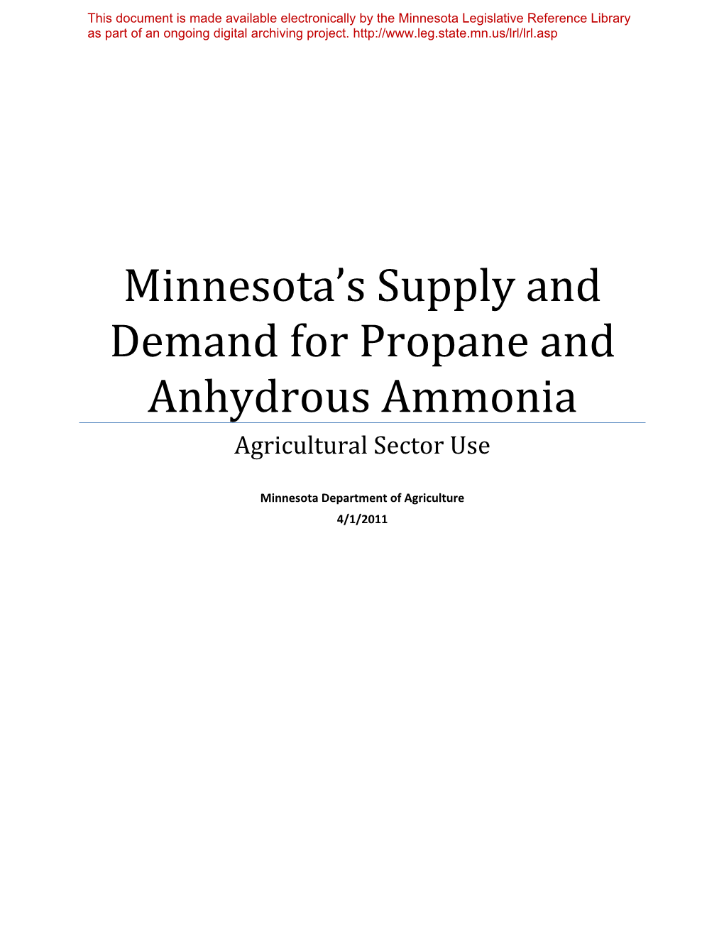 Minnesota's Supply and Demand for Propane and Anhydrous Ammonia