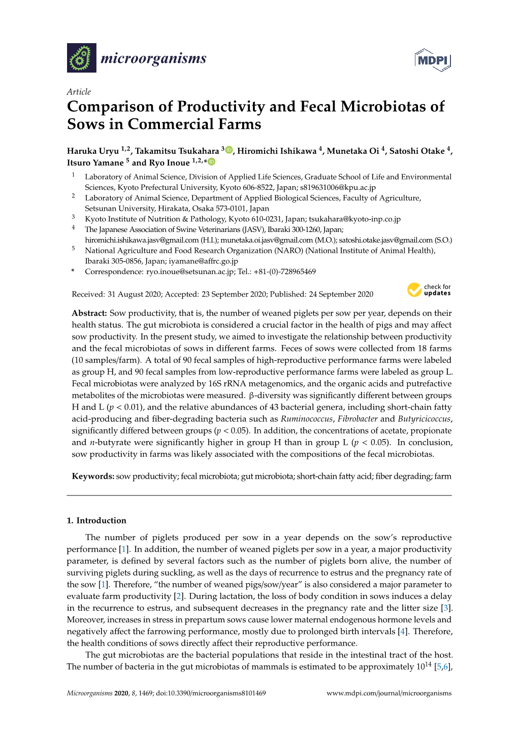 Comparison of Productivity and Fecal Microbiotas of Sows in Commercial Farms