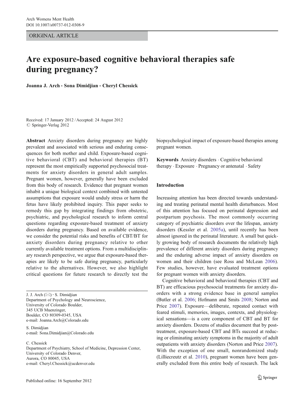 Are Exposure-Based Cognitive Behavioral Therapies Safe During Pregnancy?