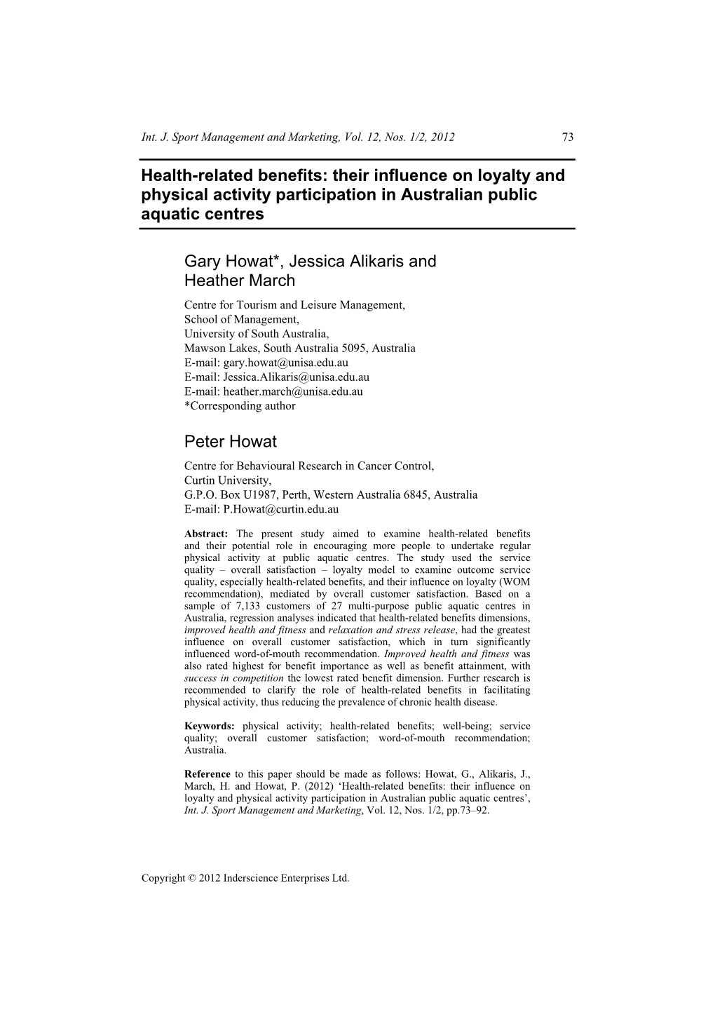 Health-Related Benefits: Their Influence on Loyalty and Physical Activity Participation in Australian Public Aquatic Centres