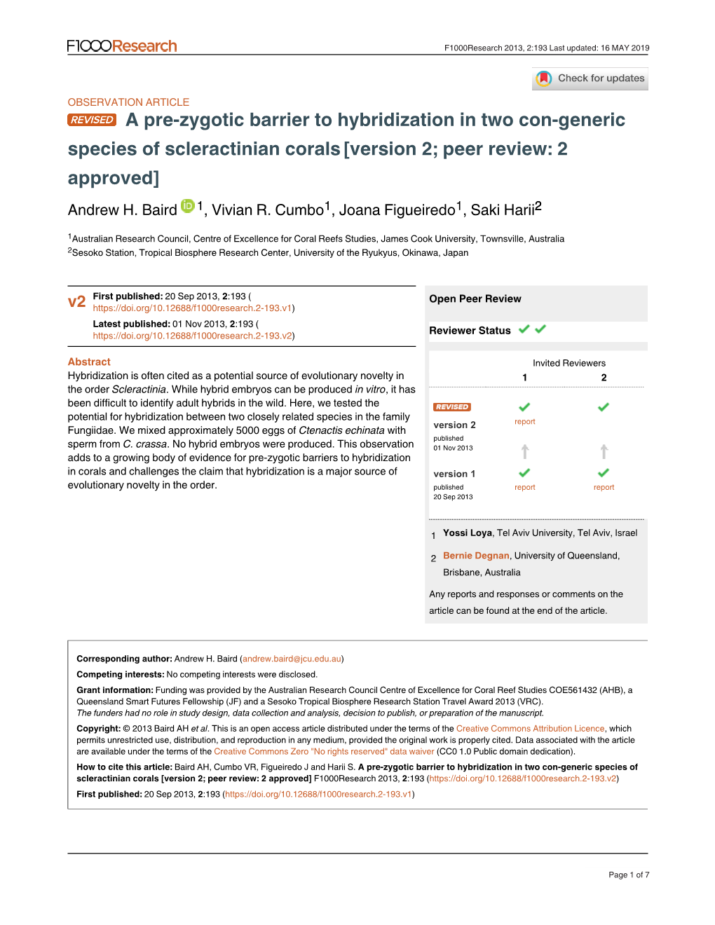 A Pre-Zygotic Barrier to Hybridization in Two Con-Generic Species of Scleractinian Corals [Version 2; Peer Review: 2 Approved] Andrew H