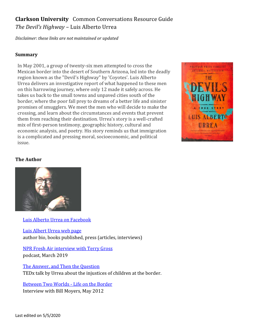 Clarkson University Common Conversations Resource Guide the Devil's Highway – Luis Alberto Urrea