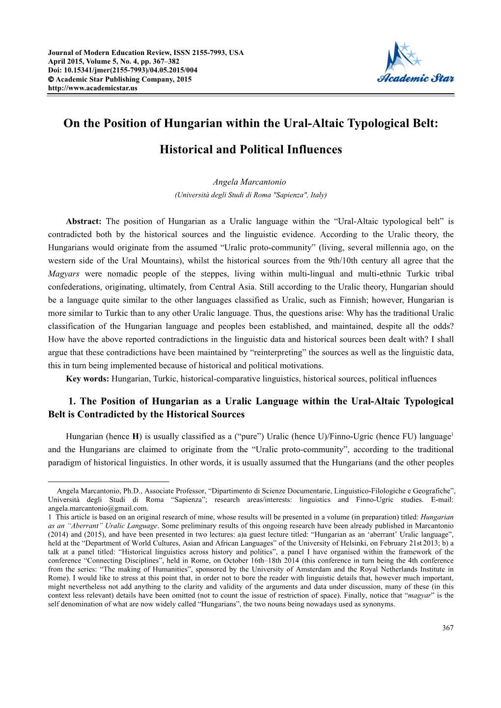 On the Position of Hungarian Within the Ural-Altaic Typological Belt