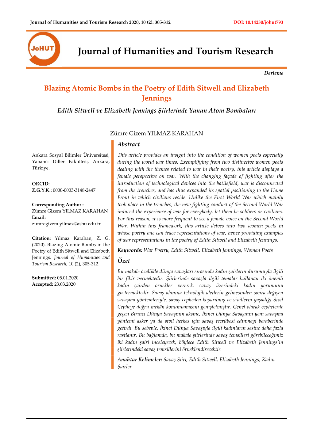 Journal of Humanities and Tourism Research 2020, 10 (2): 305-312 DOI: 10.14230/Johut793