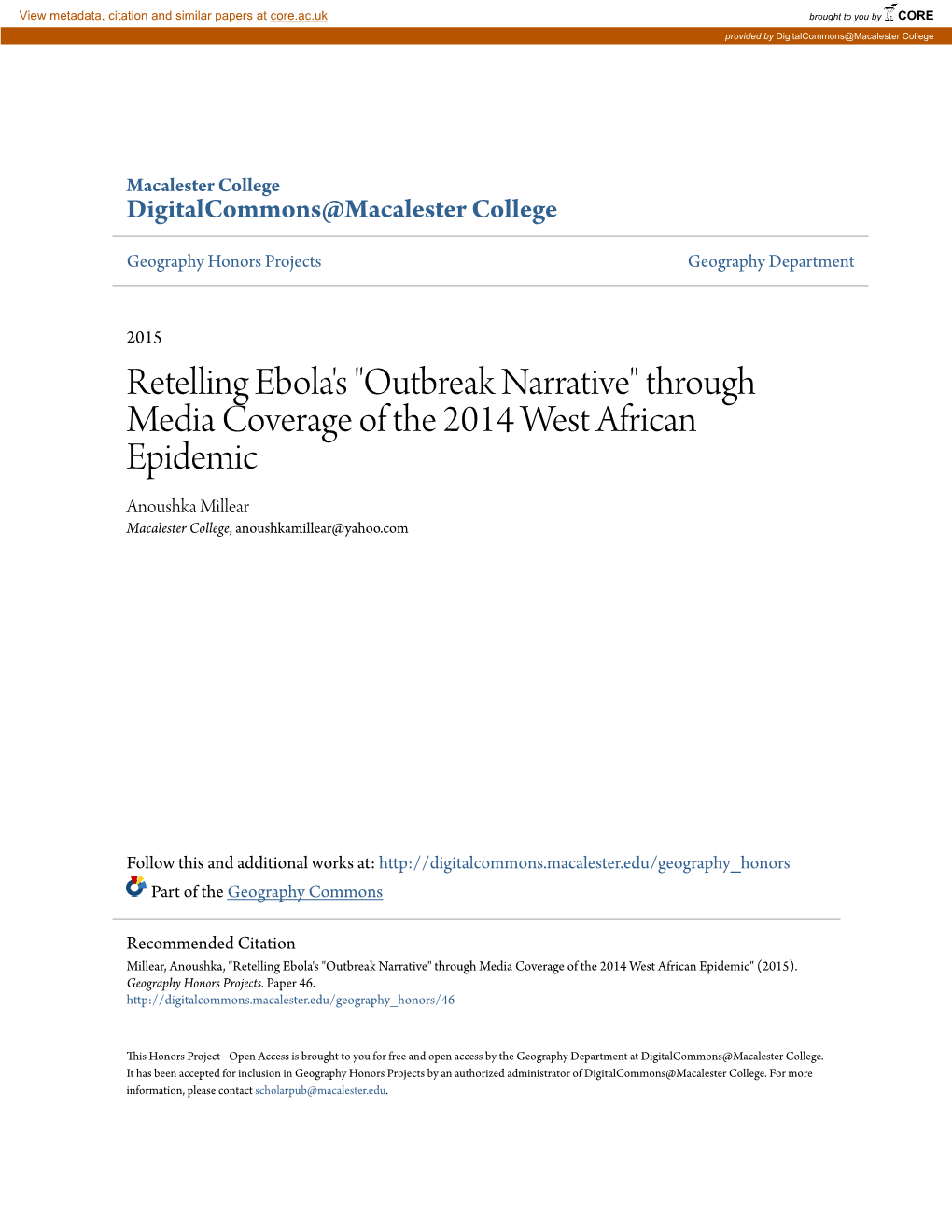 Outbreak Narrative" Through Media Coverage of the 2014 West African Epidemic Anoushka Millear Macalester College, Anoushkamillear@Yahoo.Com