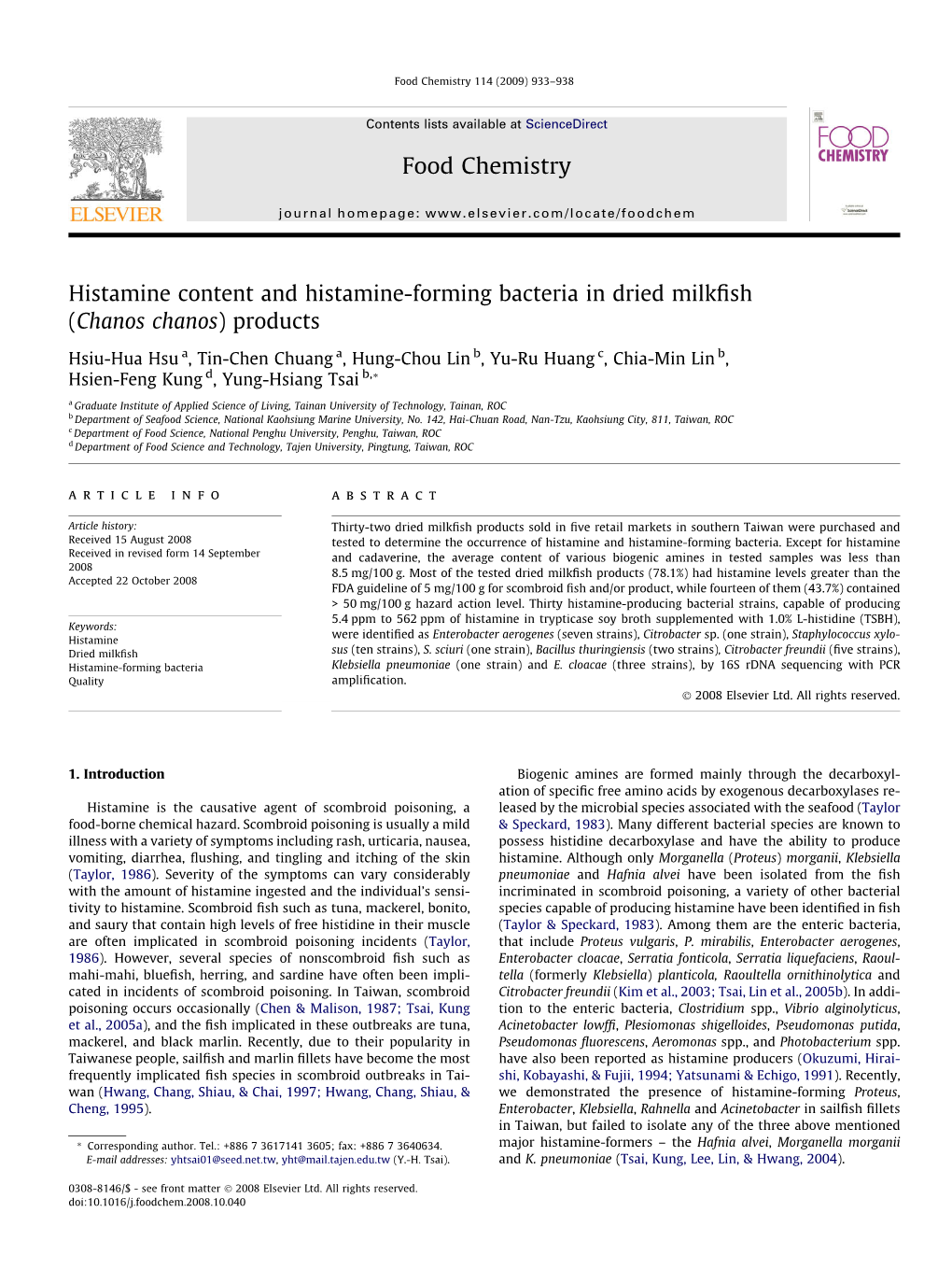 Histamine Content and Histamine-Forming Bacteria in Dried Milkfish (Chanos Chanos) Products