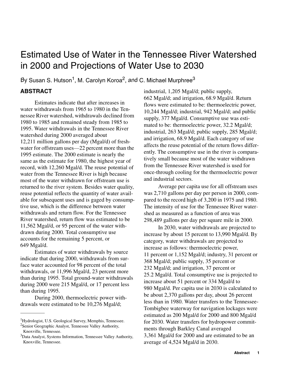 Estimated Use of Water in the Tennessee River Watershed in 2000 and Projections of Water Use to 2030