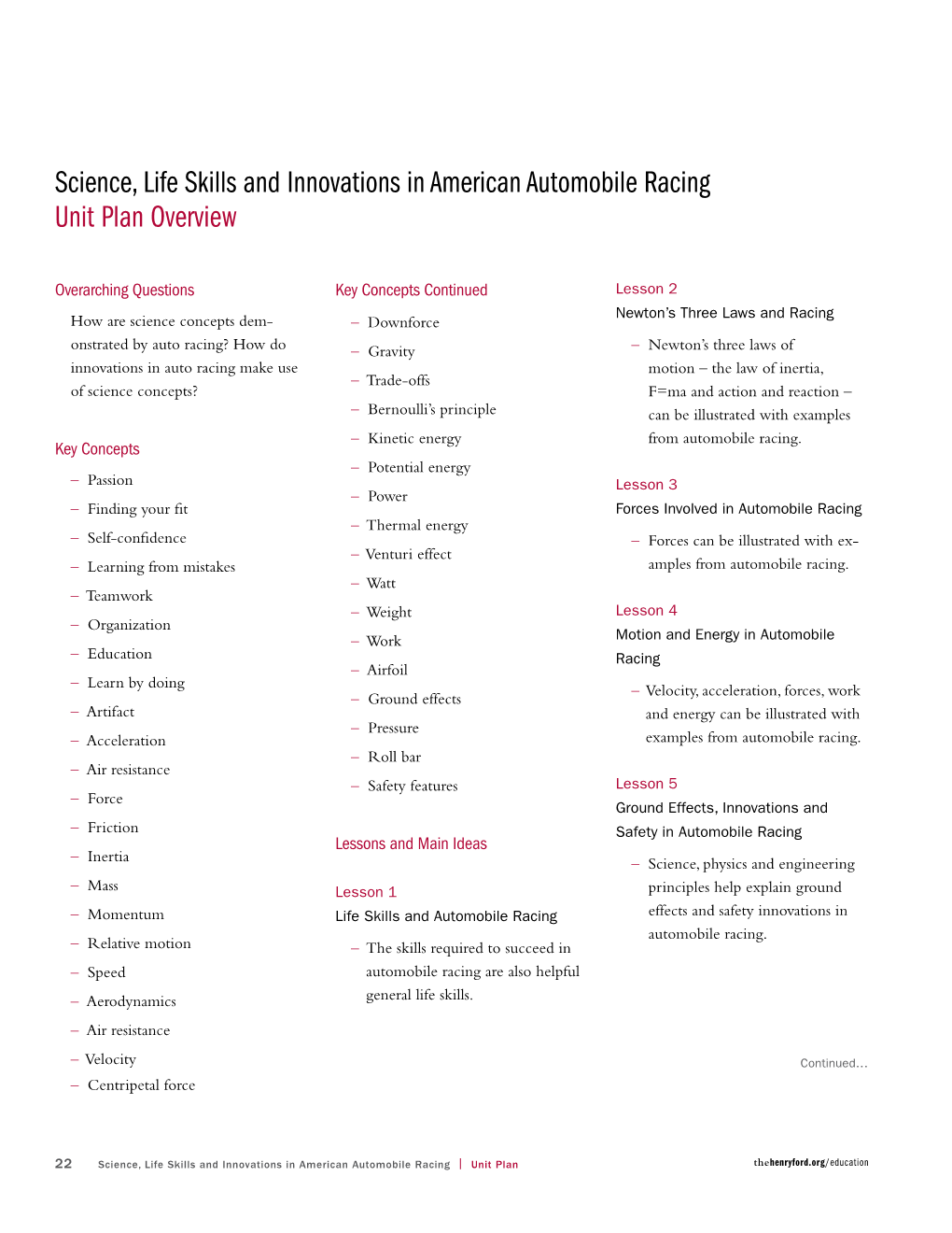 Science, Life Skills and Innovations in American Automobile Racing Unit Plan Overview